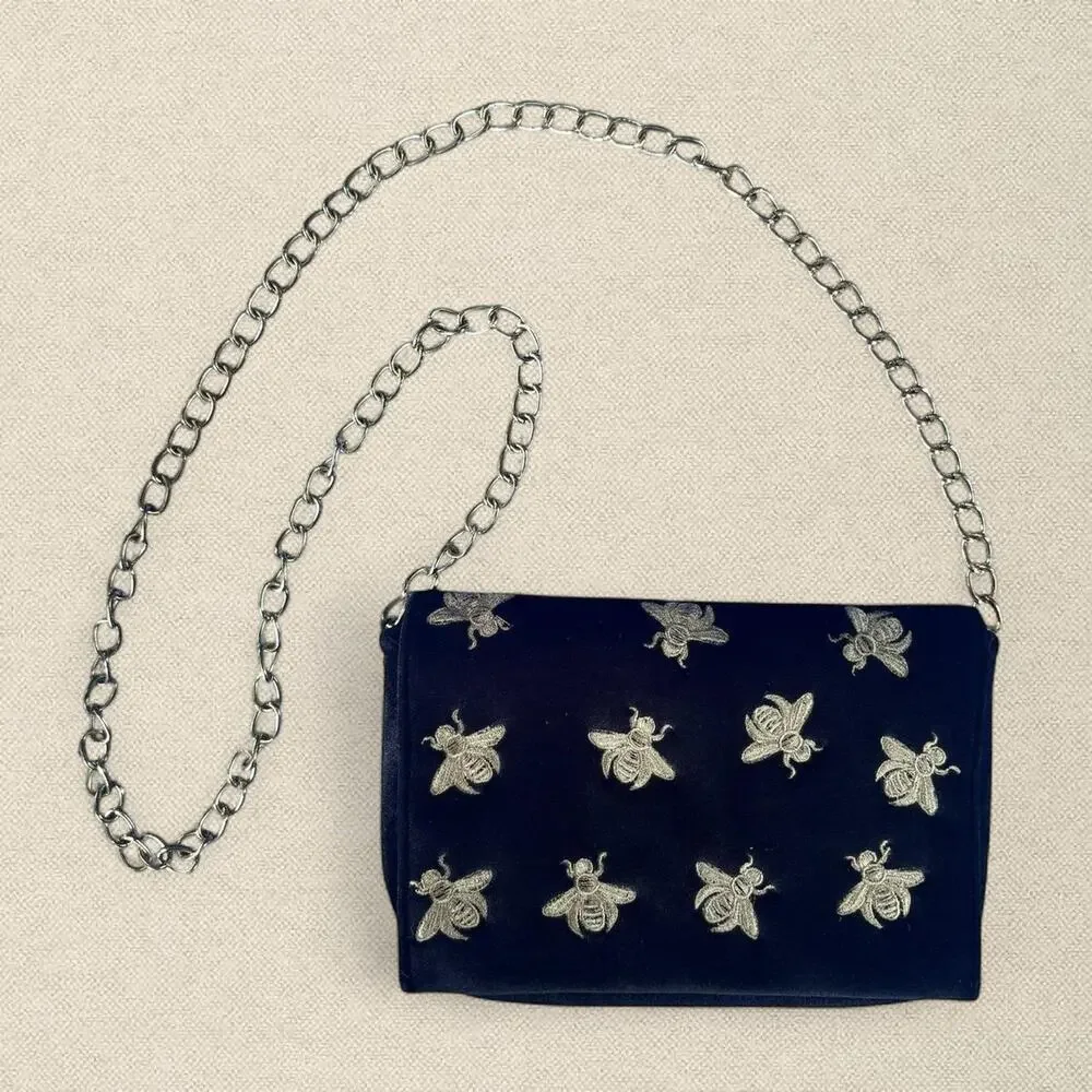 Velvet Black Gold Bee Embroidered Bag with Gold Chain Boohoo